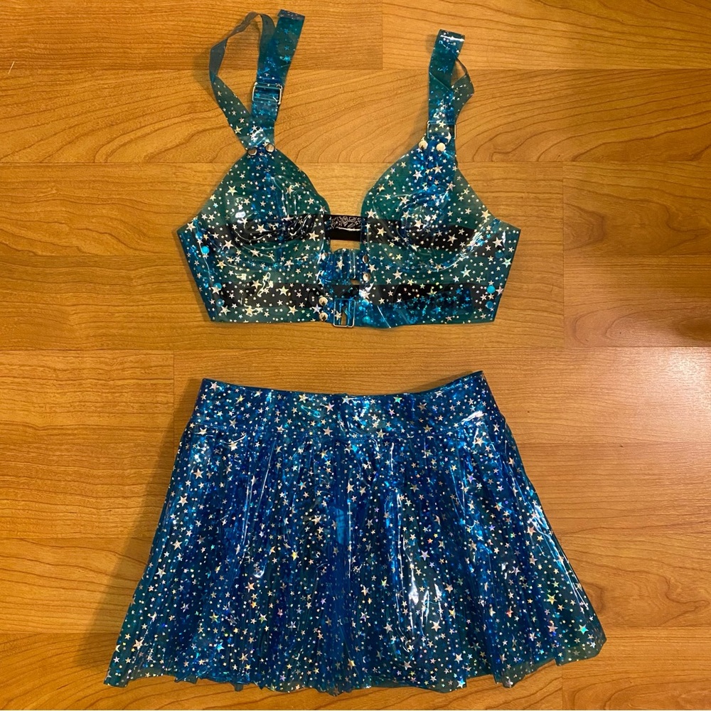 Dolls Kill Aqua Chasing Starlight Vinyl Bustier & Skirt Set